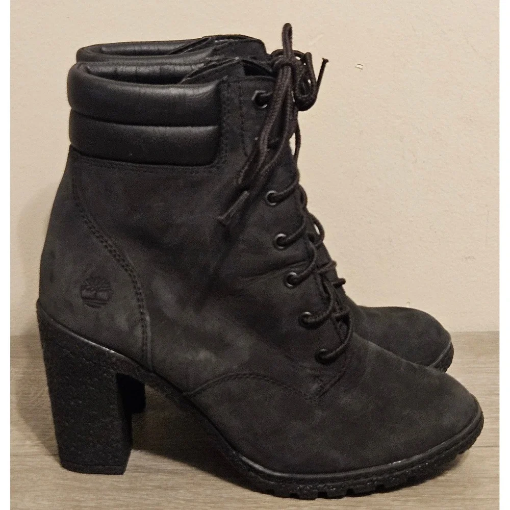 Timberland Glancy 6 Inch Black Nubuck Leather Lace Up Heel Boots A1H1I Womens 6